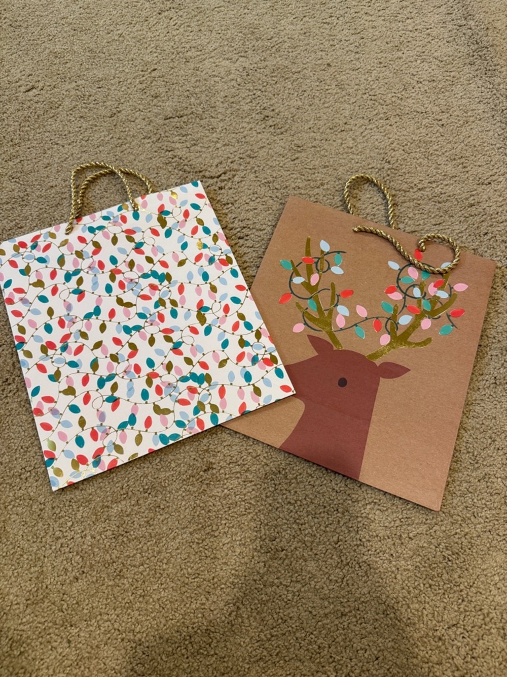 Cost Plus World Market Brown Kraft Reindeer & Multi-Color Lights Gift Bags